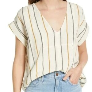 Madewell Cream V-Neck Short Sleeve Stripe Blouse
